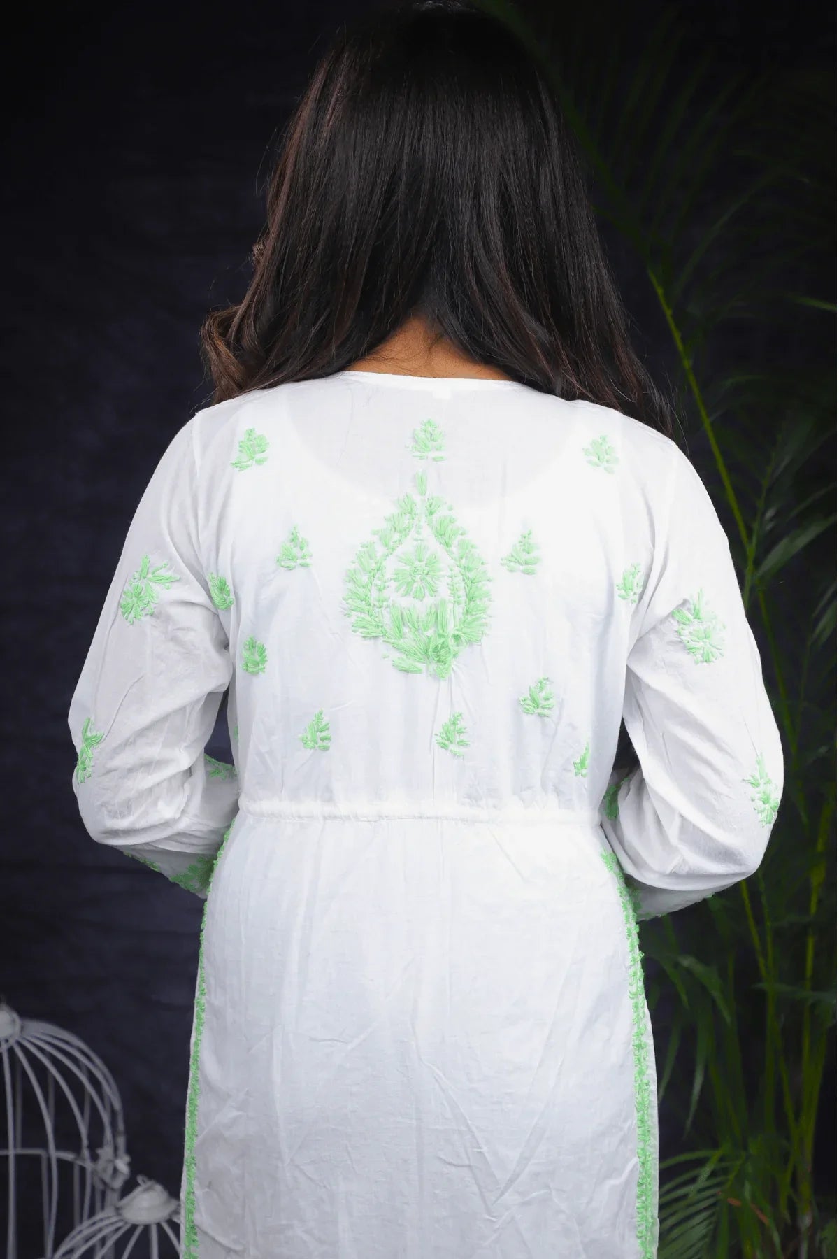 White & Light Green Nyra Cut Anarkali Style Chikankari Cotton Long Kurti - Awadhkari