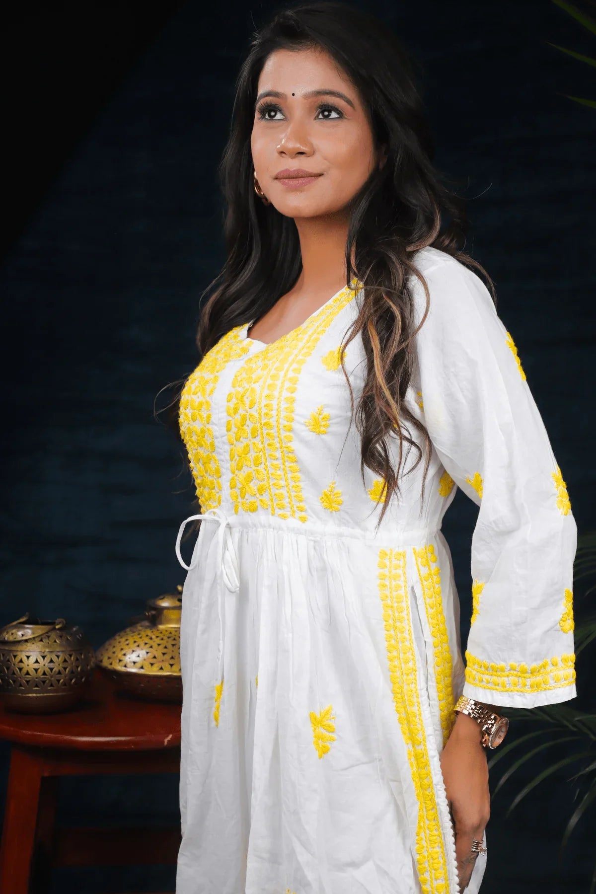 White & Yellow Nyra Cut Anarkali Style Chikankari Cotton Long Kurti - Awadhkari