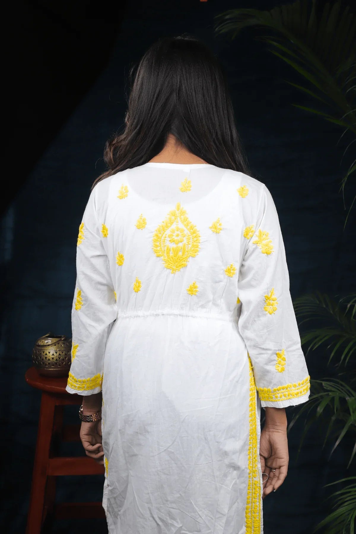 White & Yellow Nyra Cut Anarkali Style Chikankari Cotton Long Kurti - Awadhkari