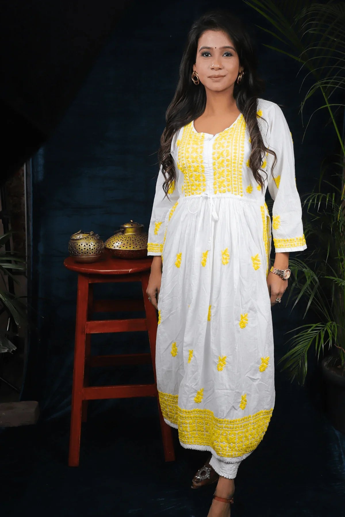 White & Yellow Nyra Cut Anarkali Style Chikankari Cotton Long Kurti - Awadhkari