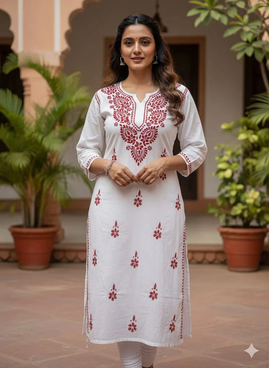 White & Brown Chikankari Mal Cotton Long Kurti - Awadhkari