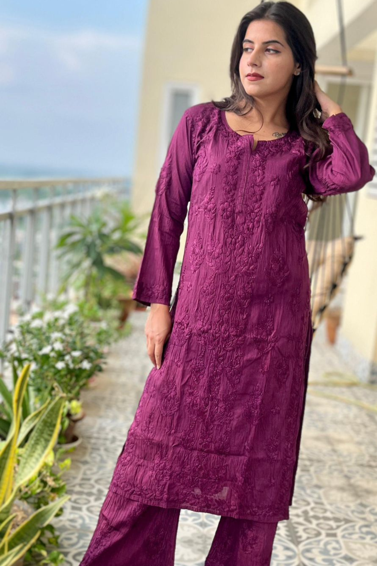 Wine Purple Palazzo Set - Chanderi Silk - Hand Embroidered Chikankari