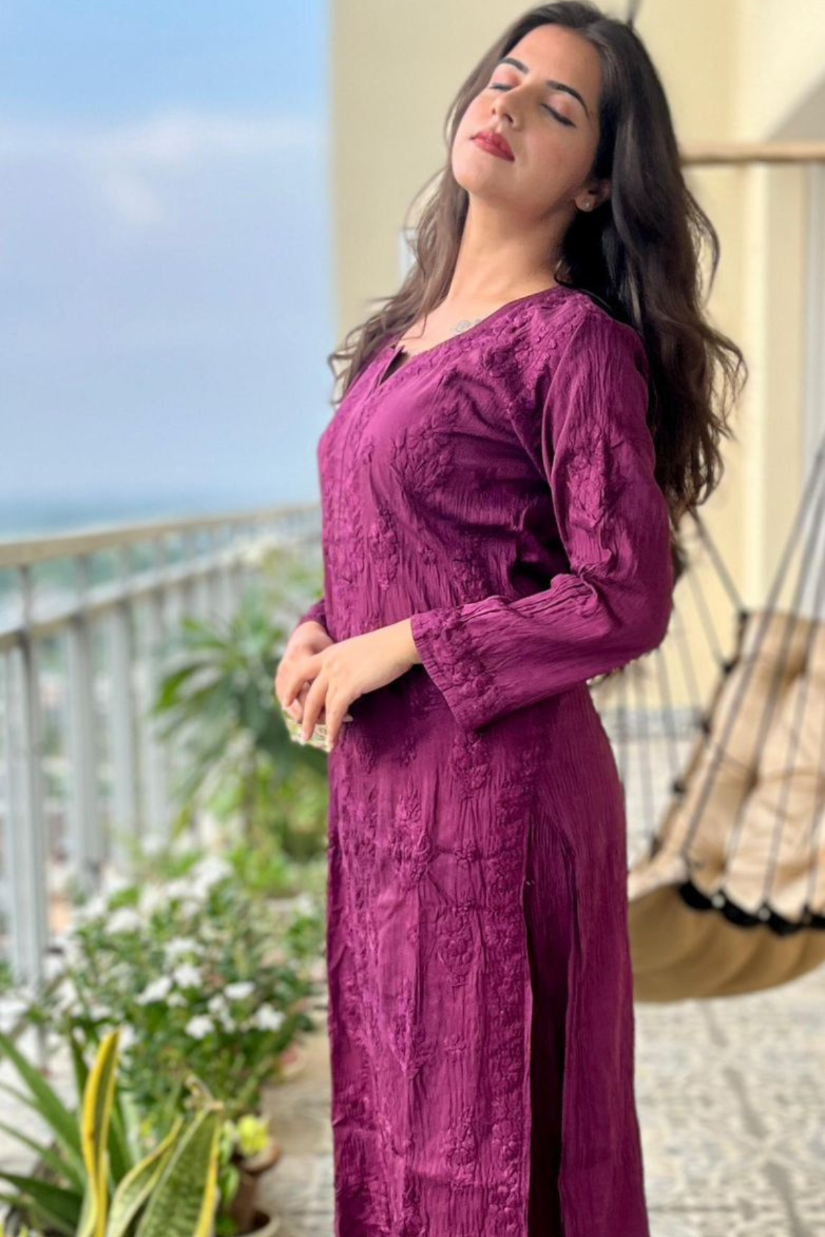 Wine Purple Palazzo Set - Chanderi Silk - Hand Embroidered Chikankari