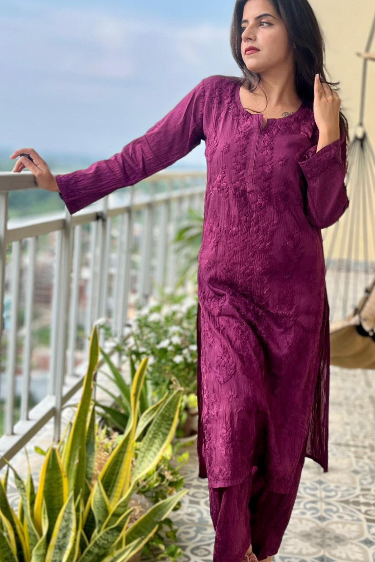 Wine Purple Palazzo Set - Chanderi Silk - Hand Embroidered Chikankari