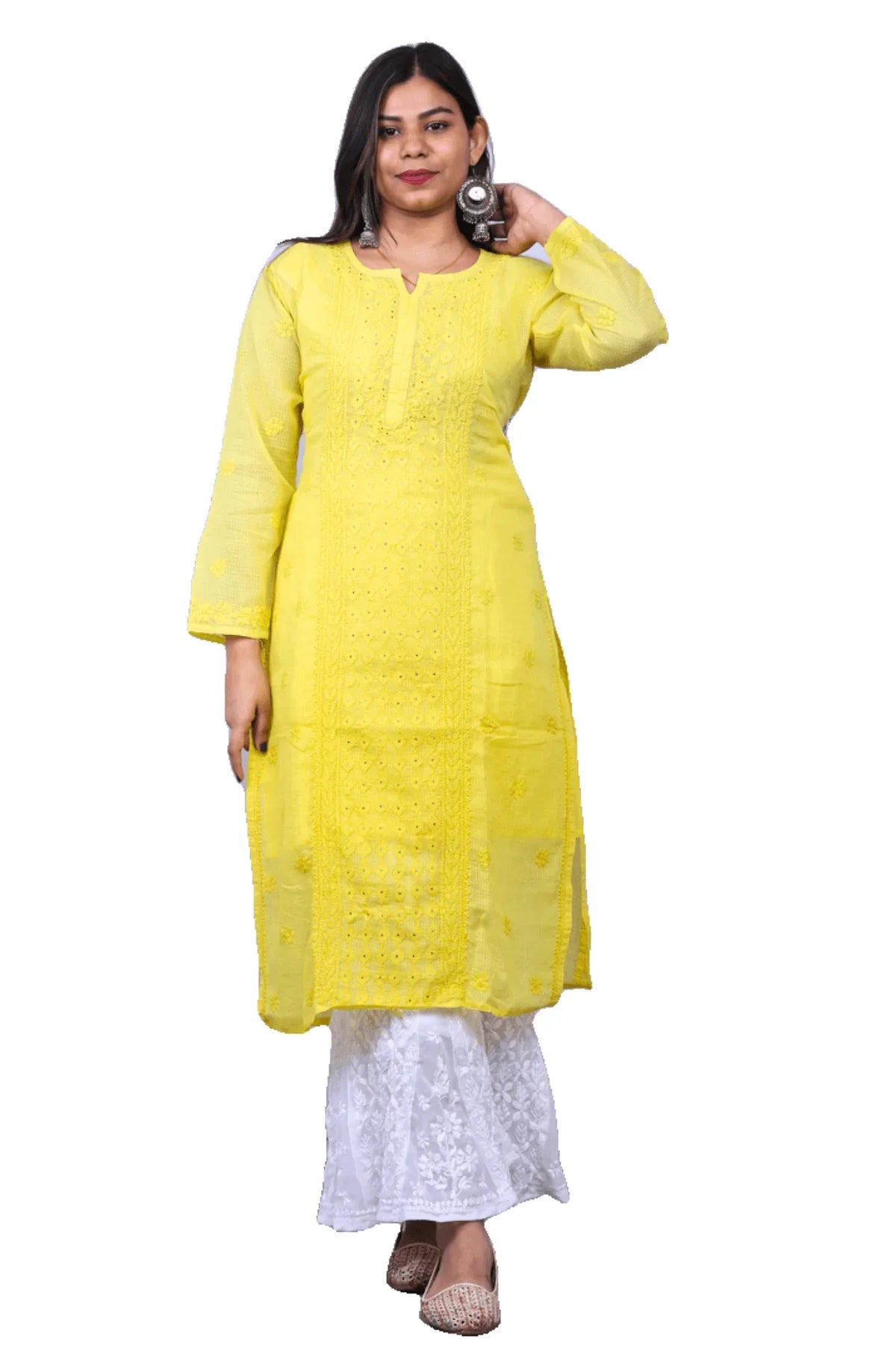 Yellow Chikankari Mukesh Work Kota Cotton Long Kurti - Awadhkari