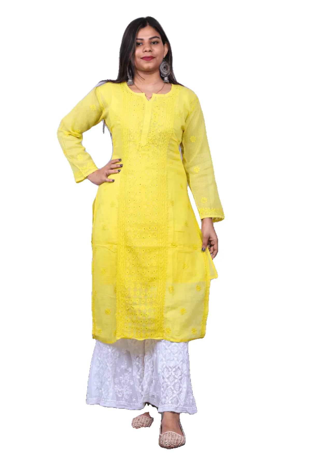 Yellow Chikankari Mukesh Work Kota Cotton Long Kurti - Awadhkari