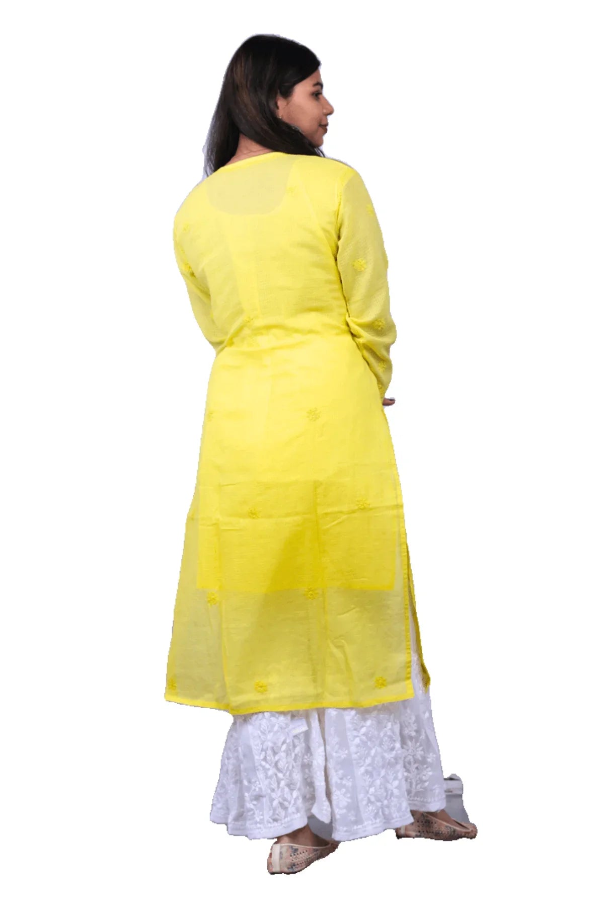 Yellow Chikankari Mukesh Work Kota Cotton Long Kurti - Awadhkari