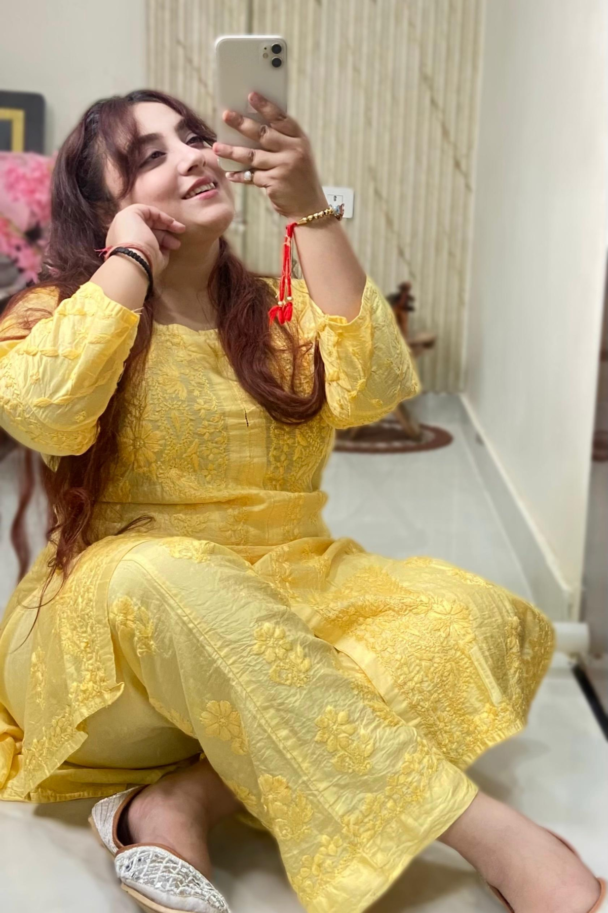 Yellow Front Open Kurti Set - Chanderi Silk - Hand Embroidered Chikankari