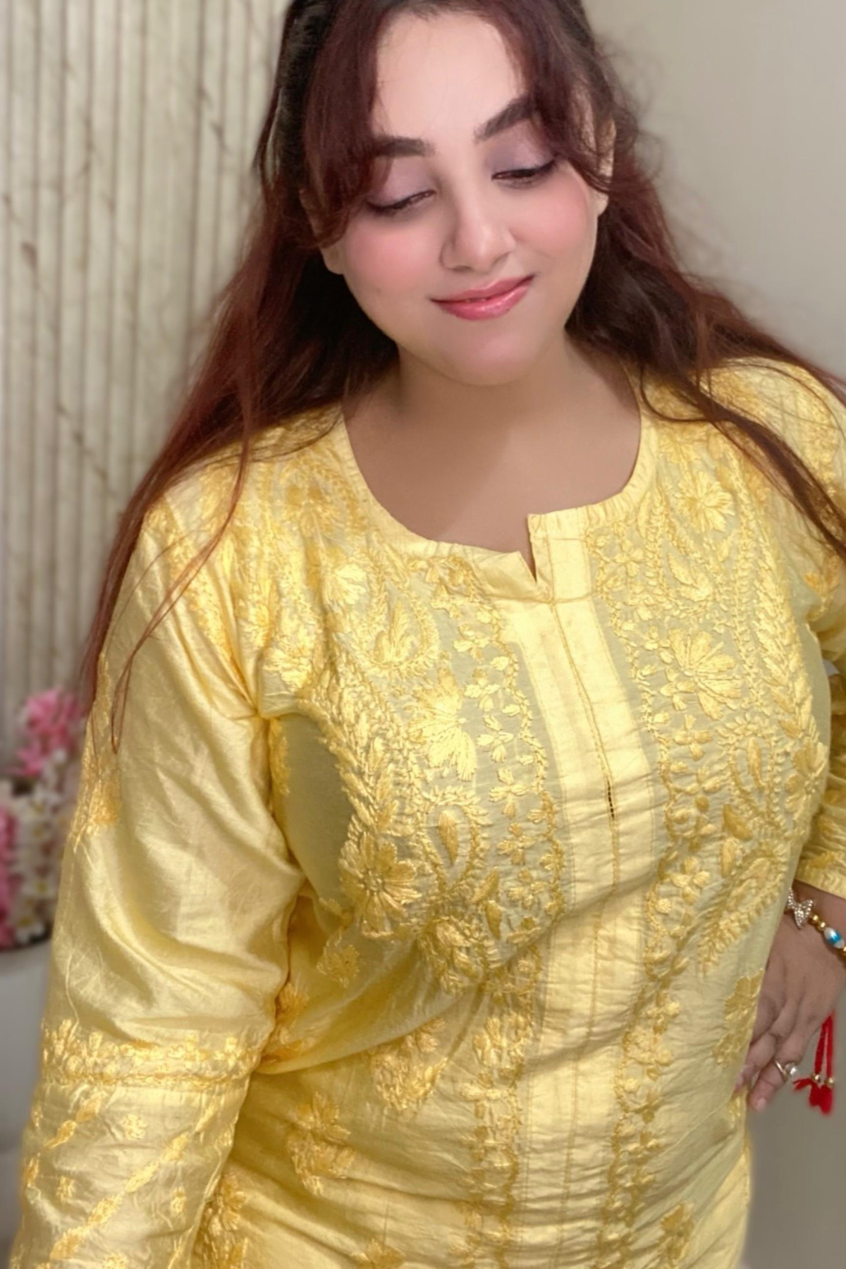 Yellow Front Open Kurti Set - Chanderi Silk - Hand Embroidered Chikankari