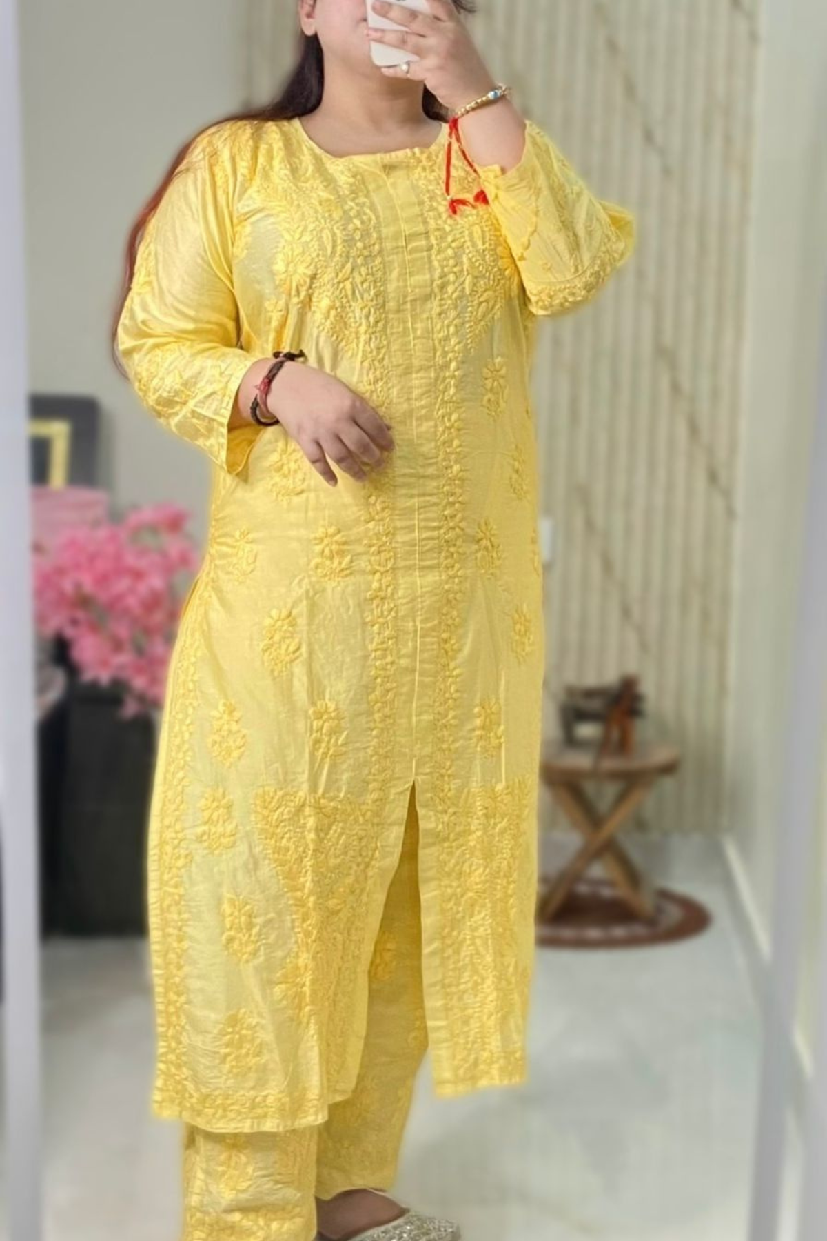 Yellow Front Open Kurti Set - Chanderi Silk - Hand Embroidered Chikankari