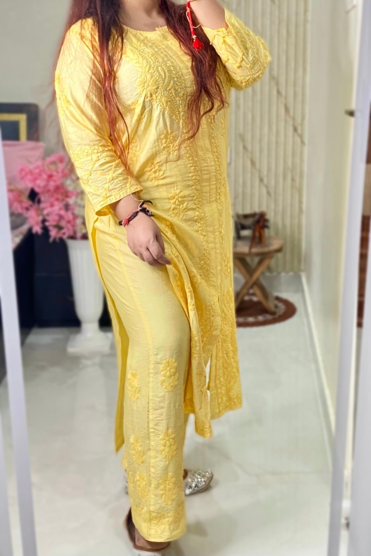 Yellow Front Open Kurti Set - Chanderi Silk - Hand Embroidered Chikankari