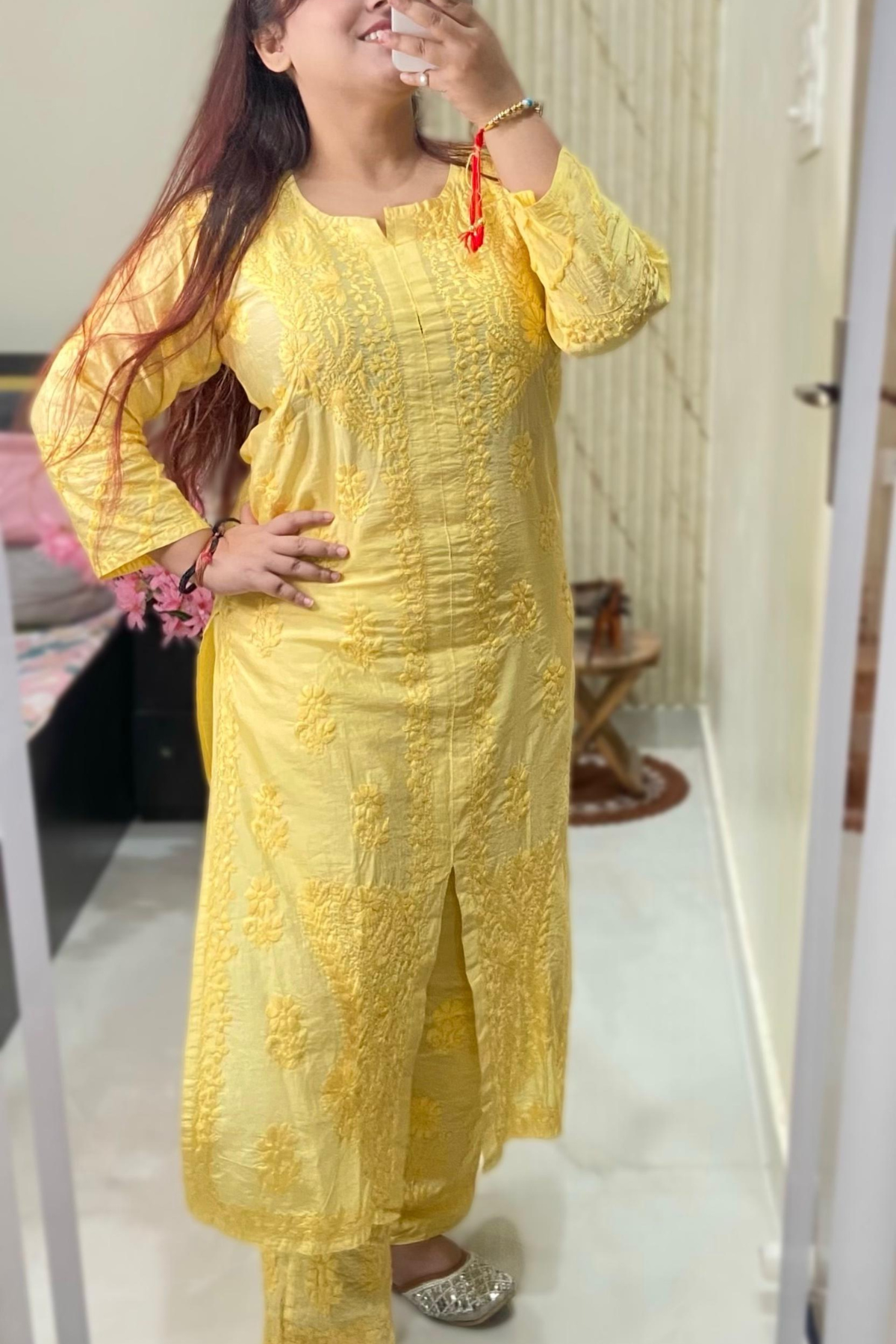 Yellow Front Open Kurti Set - Chanderi Silk - Hand Embroidered Chikankari