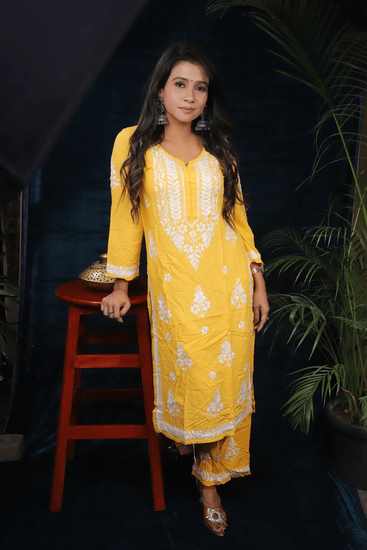 Yellow Modal Cotton Long Kurti Palazzo Set - Awadhkari