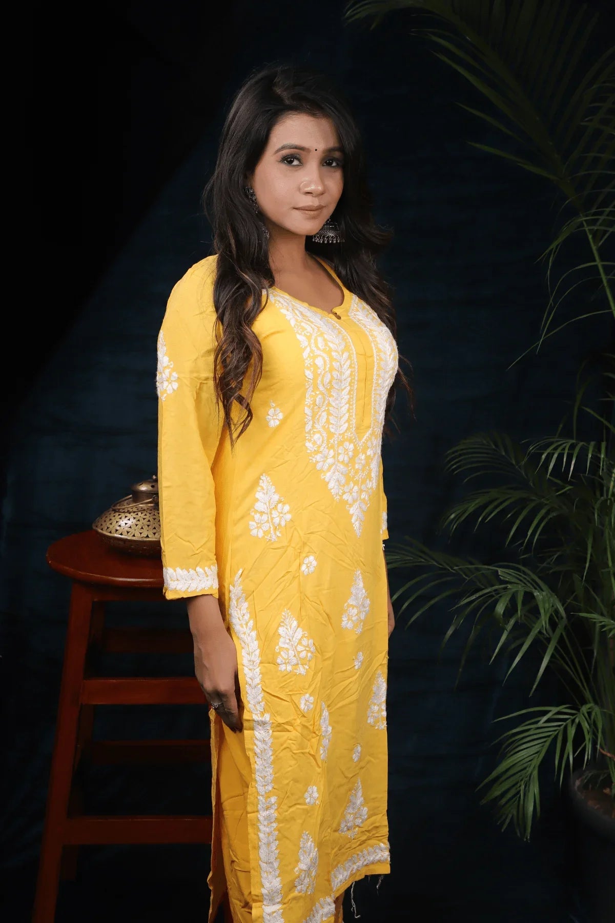 Yellow Modal Cotton Long Kurti Palazzo Set - Awadhkari