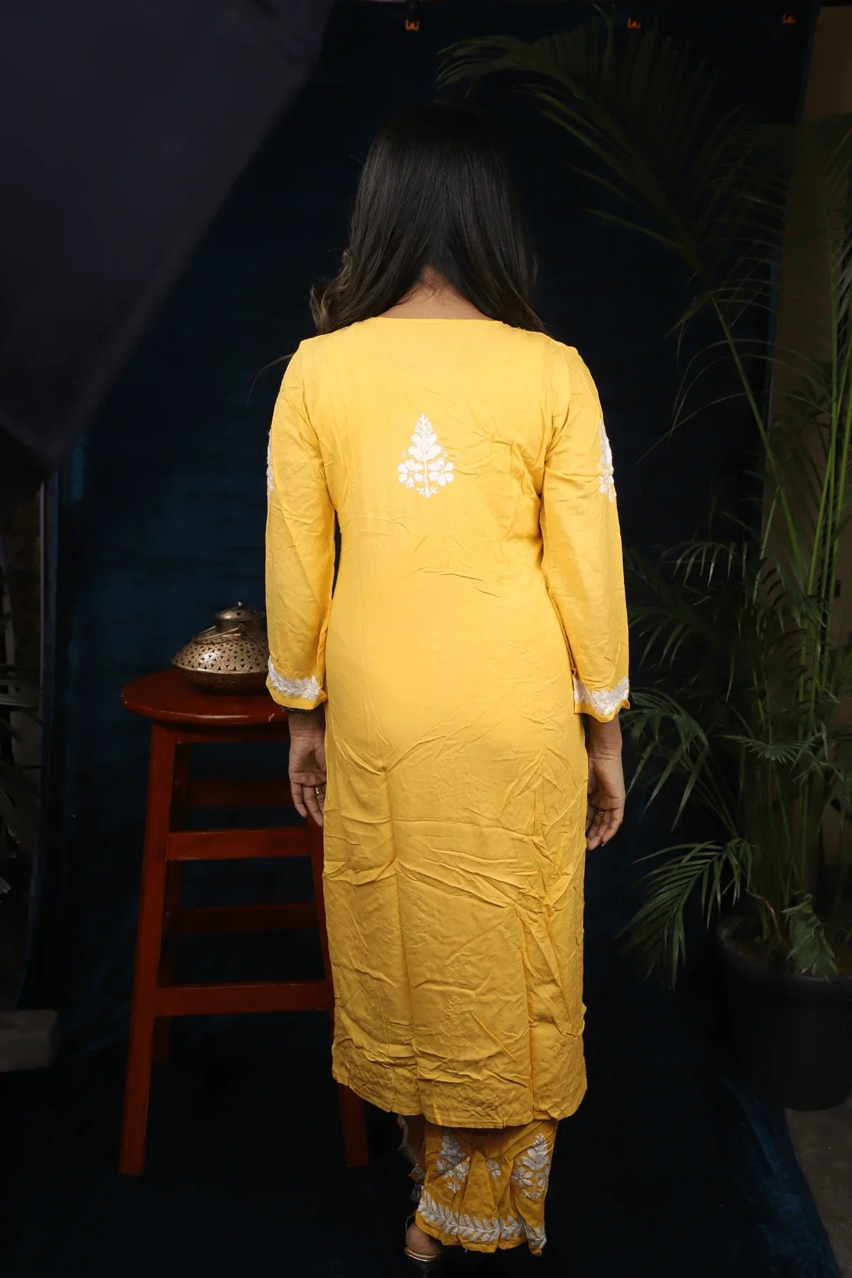 Yellow Modal Cotton Long Kurti Palazzo Set - Awadhkari