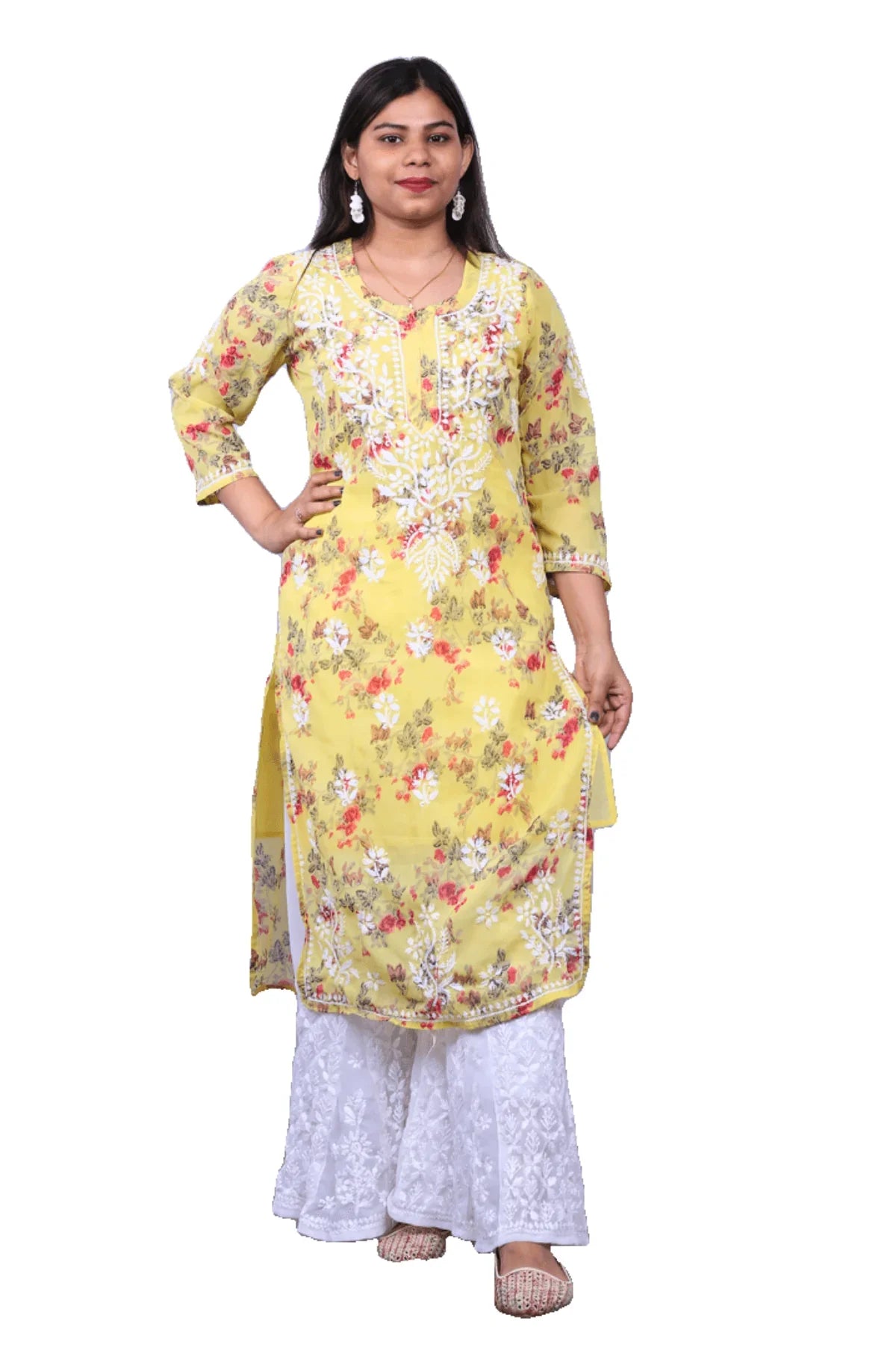 Yellow Printed Chiffon Long Kurti - Awadhkari