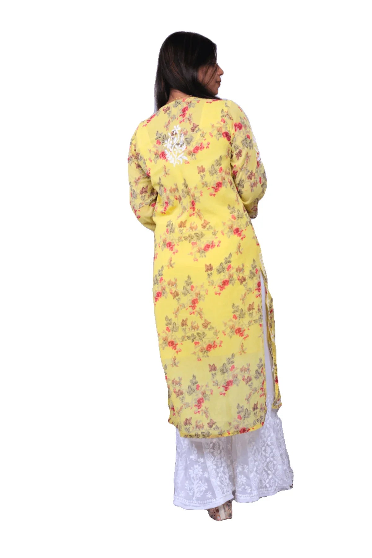 Yellow Printed Chiffon Long Kurti - Awadhkari