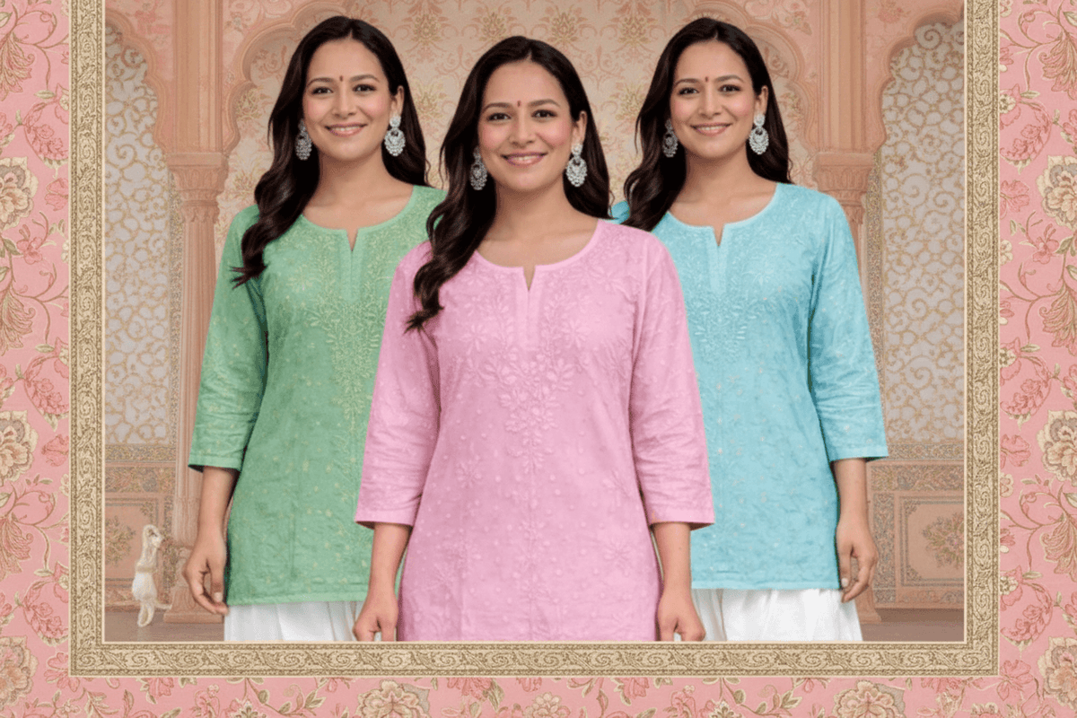 Three women wearing green, pink, and blue traditional outfits against a decorative pink background.