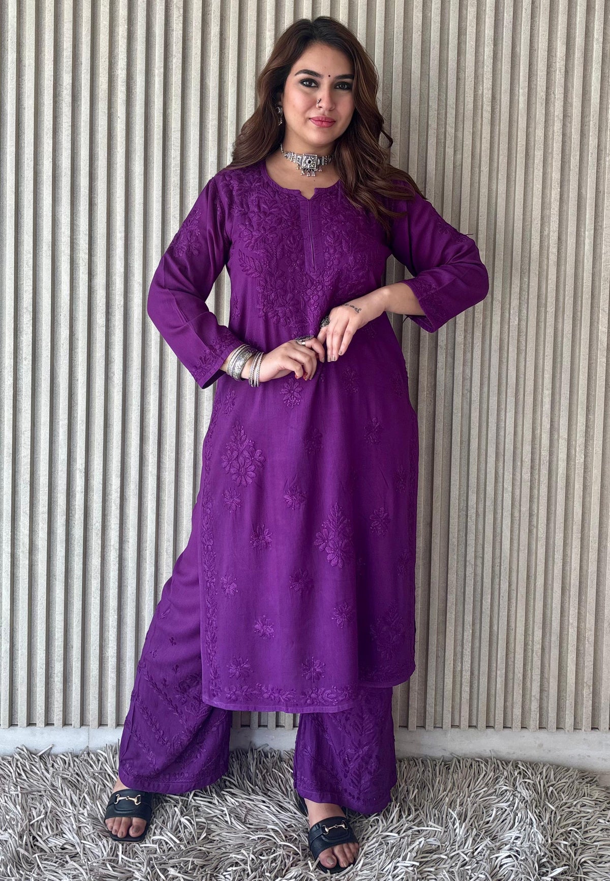 Brinjal Purple Lucknowi Chikankari Beautiful Designer Dyeble Chanderi silk Plazo Set - Awadhkari
