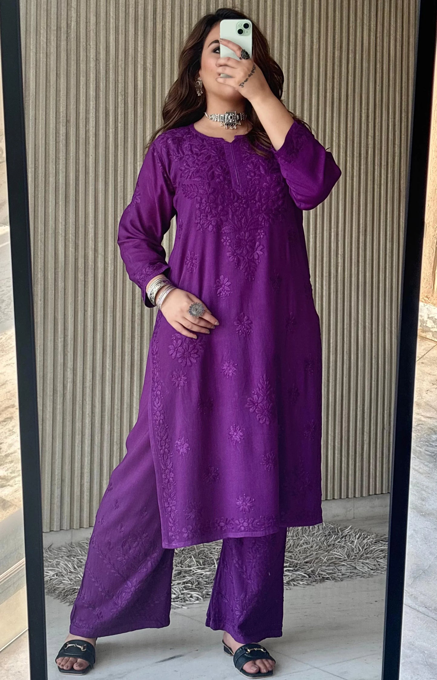 Brinjal Purple Lucknowi Chikankari Beautiful Designer Dyeble Chanderi silk Plazo Set - Awadhkari