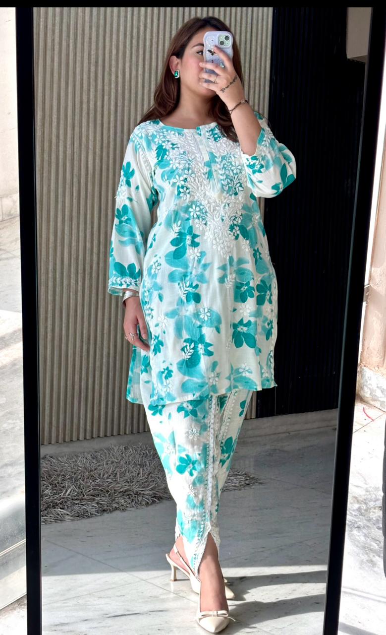 Awadhkari Lucknowi chikankari handwork White & Sky Blue Print Cotton Short Kurti Dhoti Set - Awadhkari