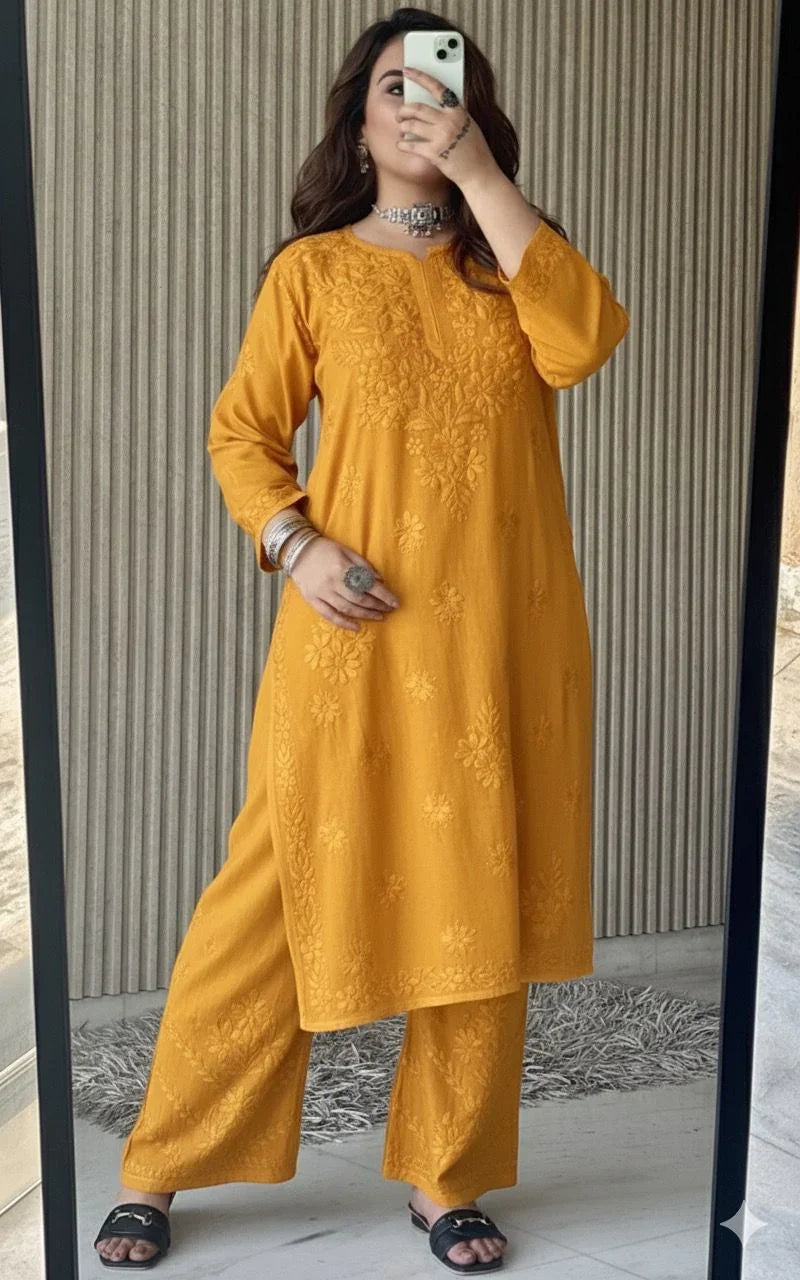 Mustard Yellow Lucknowi Chikankari Beautiful Designer Dyeble Chanderi silk Plazo Set - Awadhkari