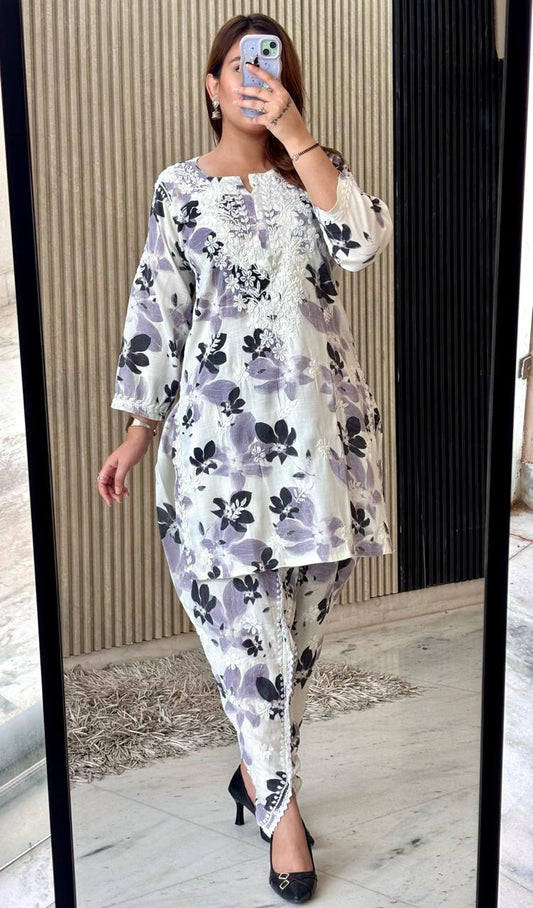 Awadhkari Lucknowi chikankari handwork White & Purple Print Cotton Short Kurti Dhoti Set - Awadhkari