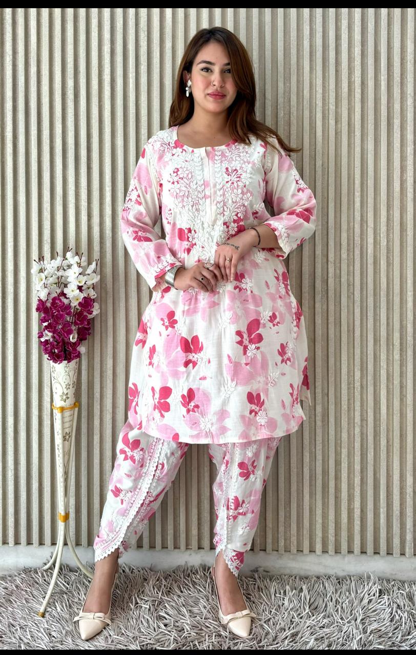 Awadhkari Lucknowi chikankari handwork White & Pink Print Cotton Short Kurti Dhoti Set - Awadhkari