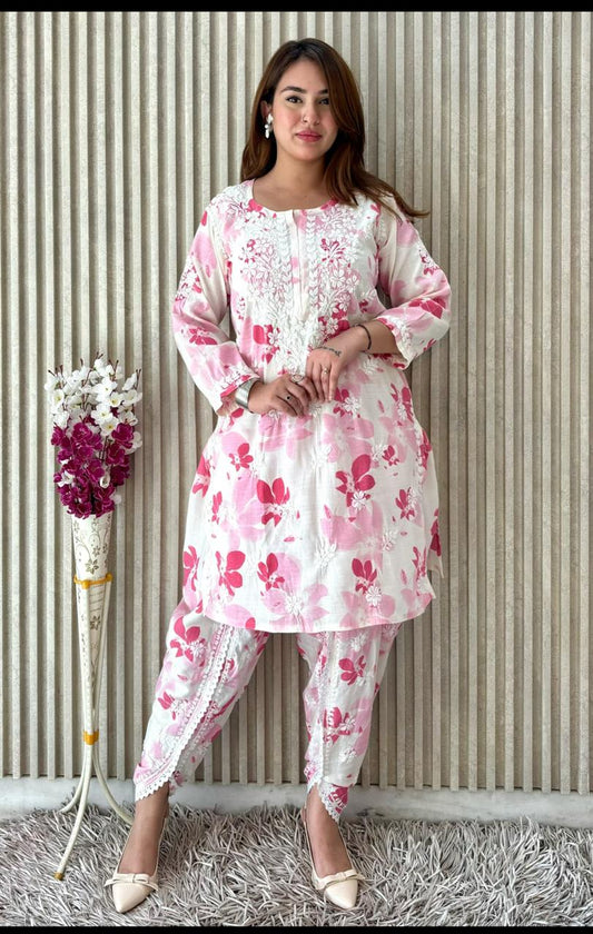 Awadhkari Lucknowi chikankari handwork White & Pink Print Cotton Short Kurti Dhoti Set - Awadhkari