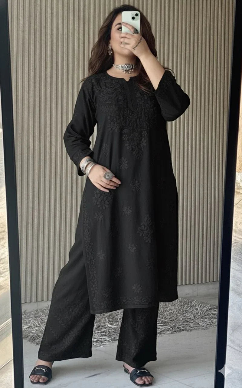 Black Lucknowi Chikankari Beautiful Designer Dyeble Chanderi silk Plazo Set - Awadhkari