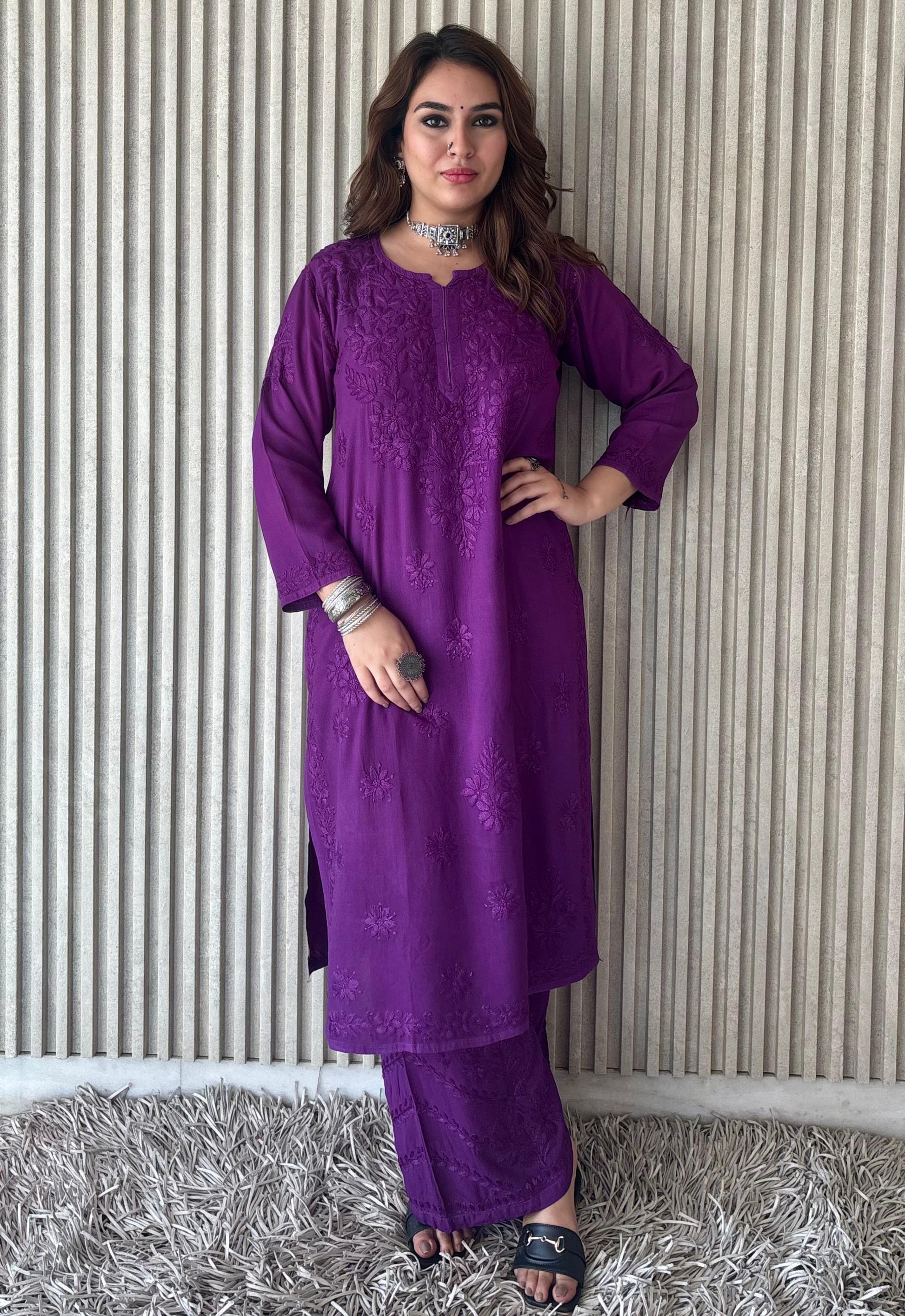 Brinjal Purple Lucknowi Chikankari Beautiful Designer Dyeble Chanderi silk Plazo Set - Awadhkari