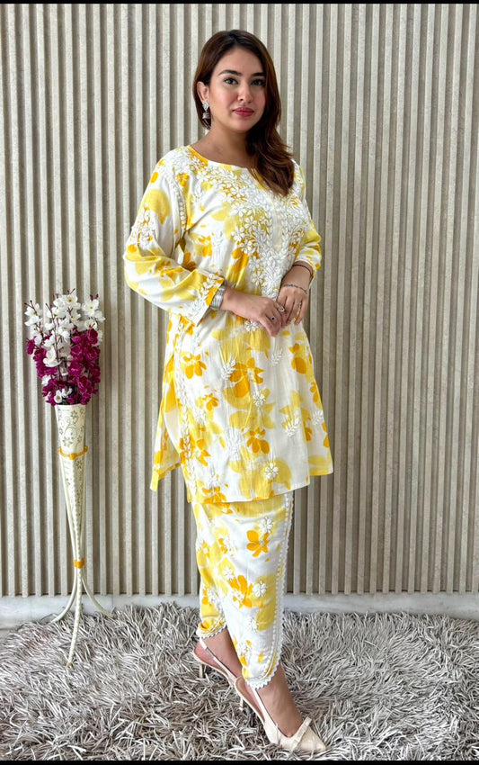 Awadhkari Lucknowi chikankari handwork White & Yellow Print Cotton Short Kurti Dhoti Set - Awadhkari