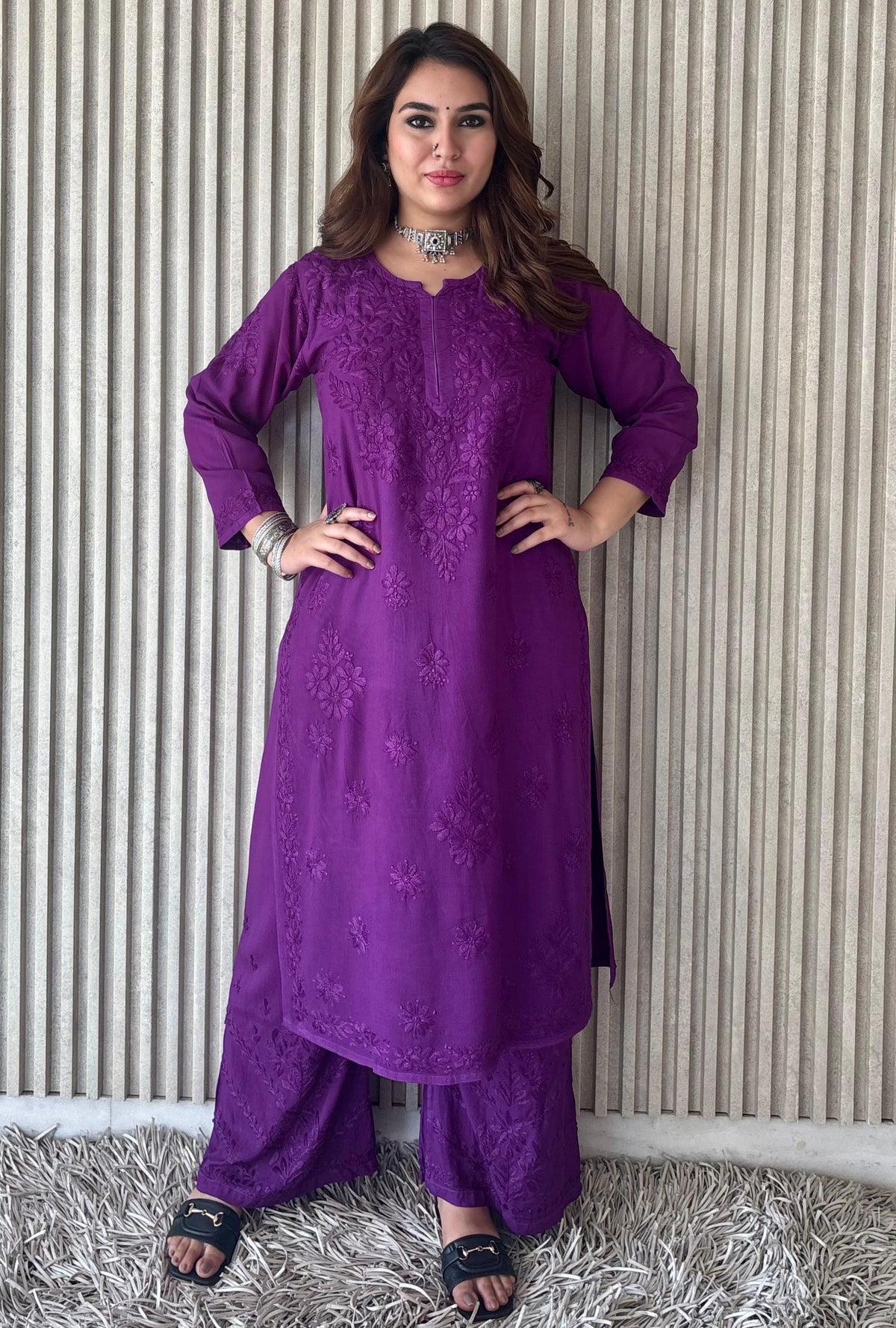 Brinjal Purple Lucknowi Chikankari Beautiful Designer Dyeble Chanderi silk Plazo Set - Awadhkari