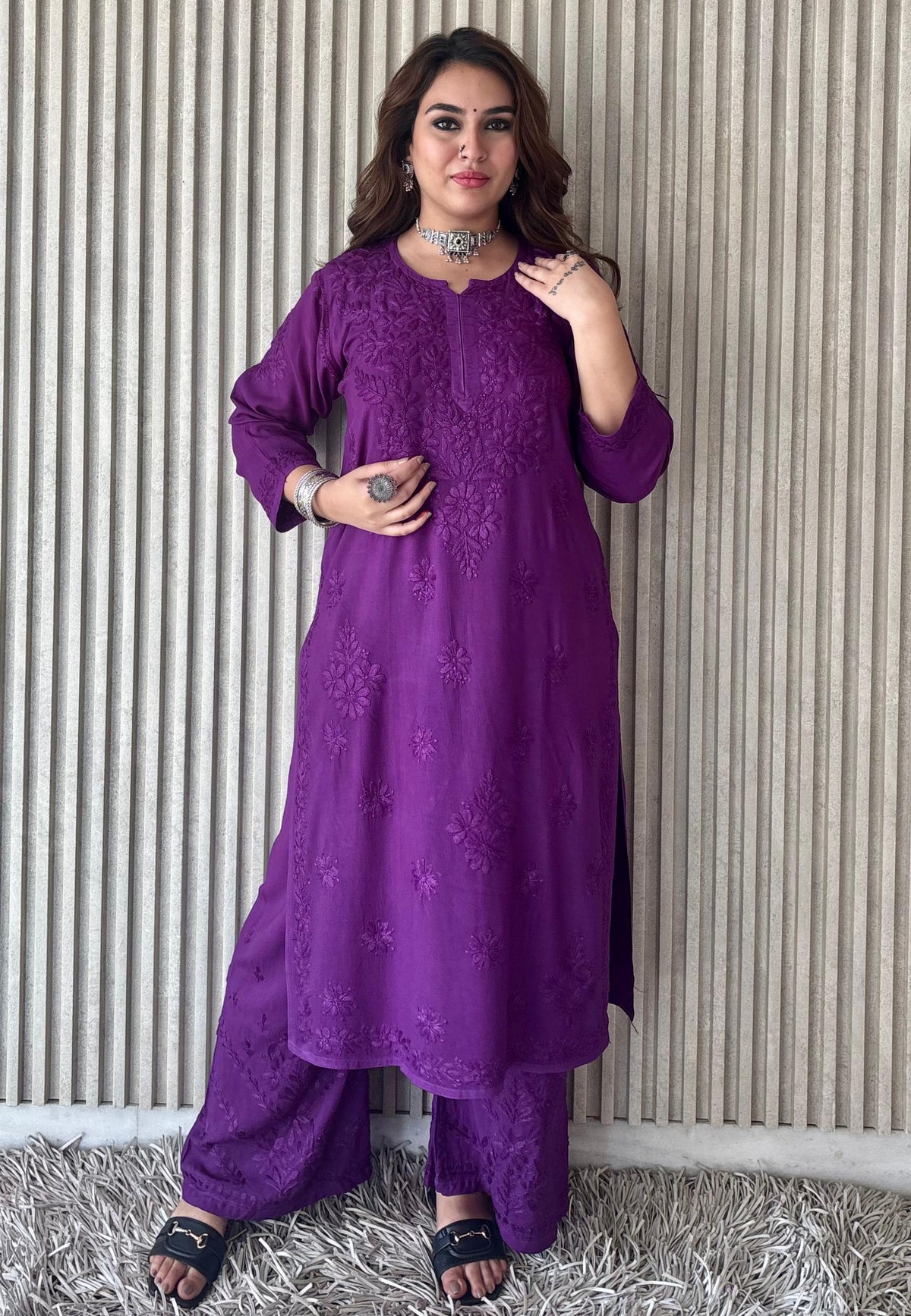 Brinjal Purple Lucknowi Chikankari Beautiful Designer Dyeble Chanderi silk Plazo Set - Awadhkari