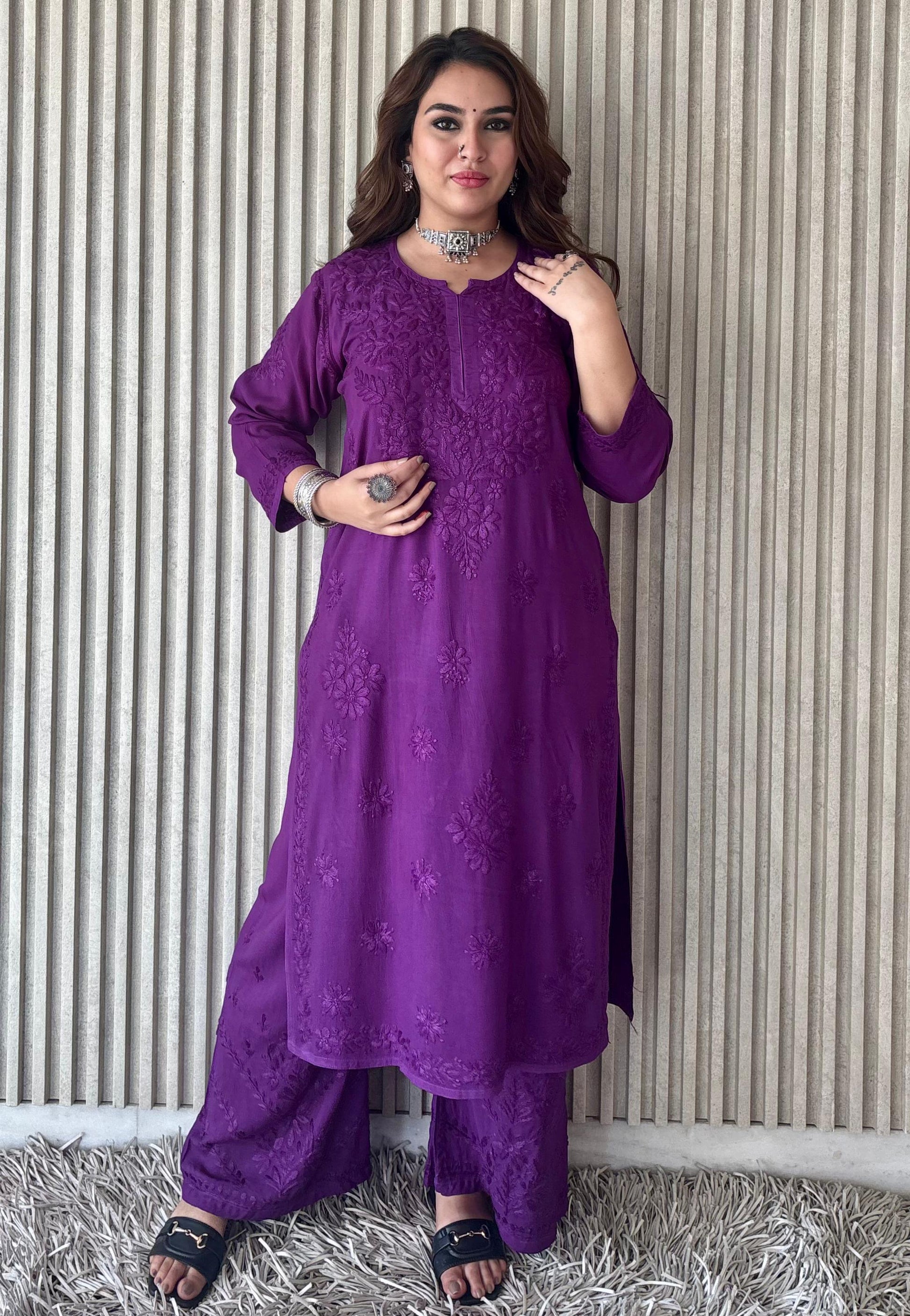 Brinjal Purple Lucknowi Chikankari Beautiful Designer Dyeble Chanderi silk Plazo Set - Awadhkari