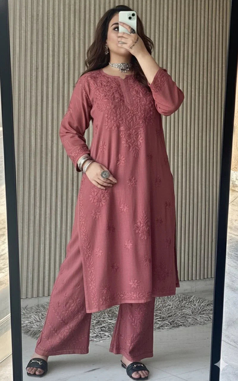 Pastel Brown Lucknowi Chikankari Beautiful Designer Dyeble Chanderi silk Plazo Set - Awadhkari