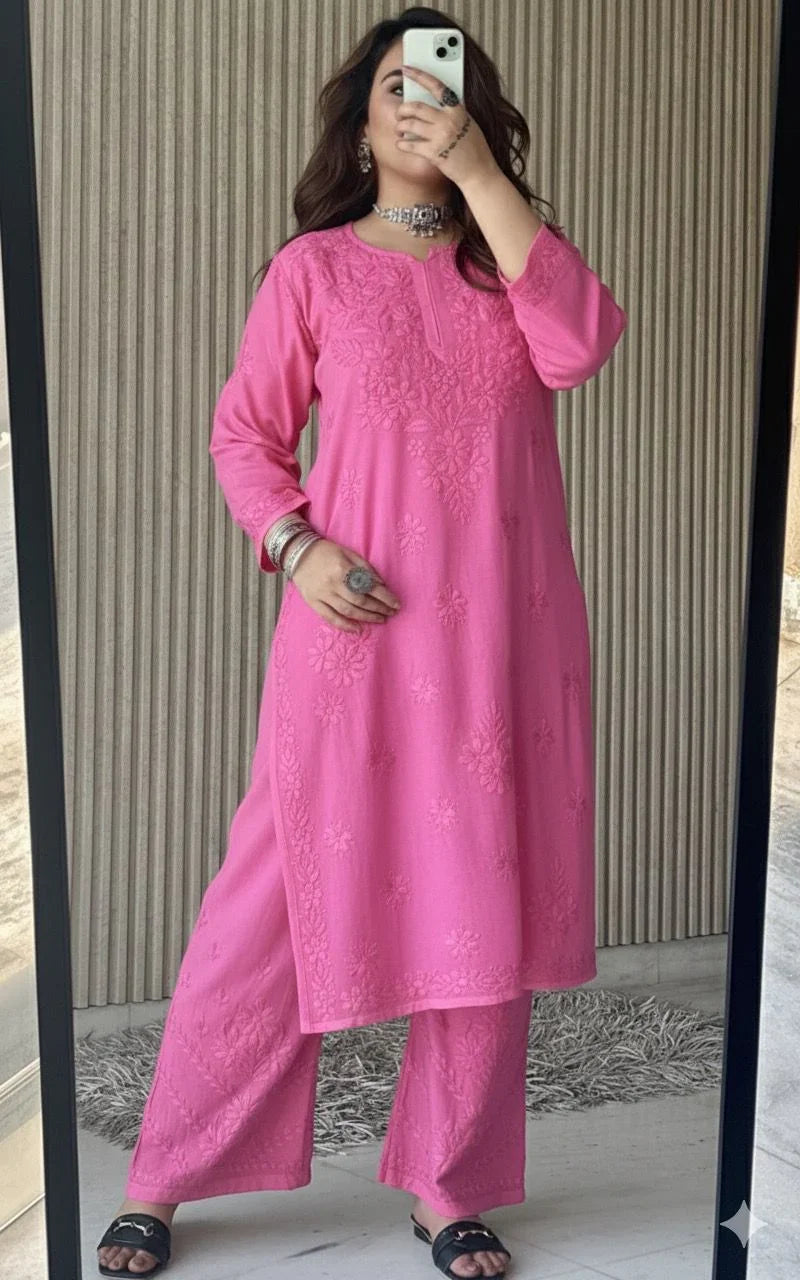 Pretty Pink Lucknowi Chikankari Beautiful Designer Dyeble Chanderi silk Plazo Set - Awadhkari