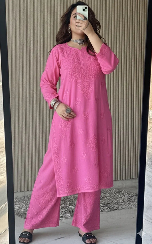 Pretty Pink Lucknowi Chikankari Beautiful Designer Dyeble Chanderi silk Plazo Set - Awadhkari