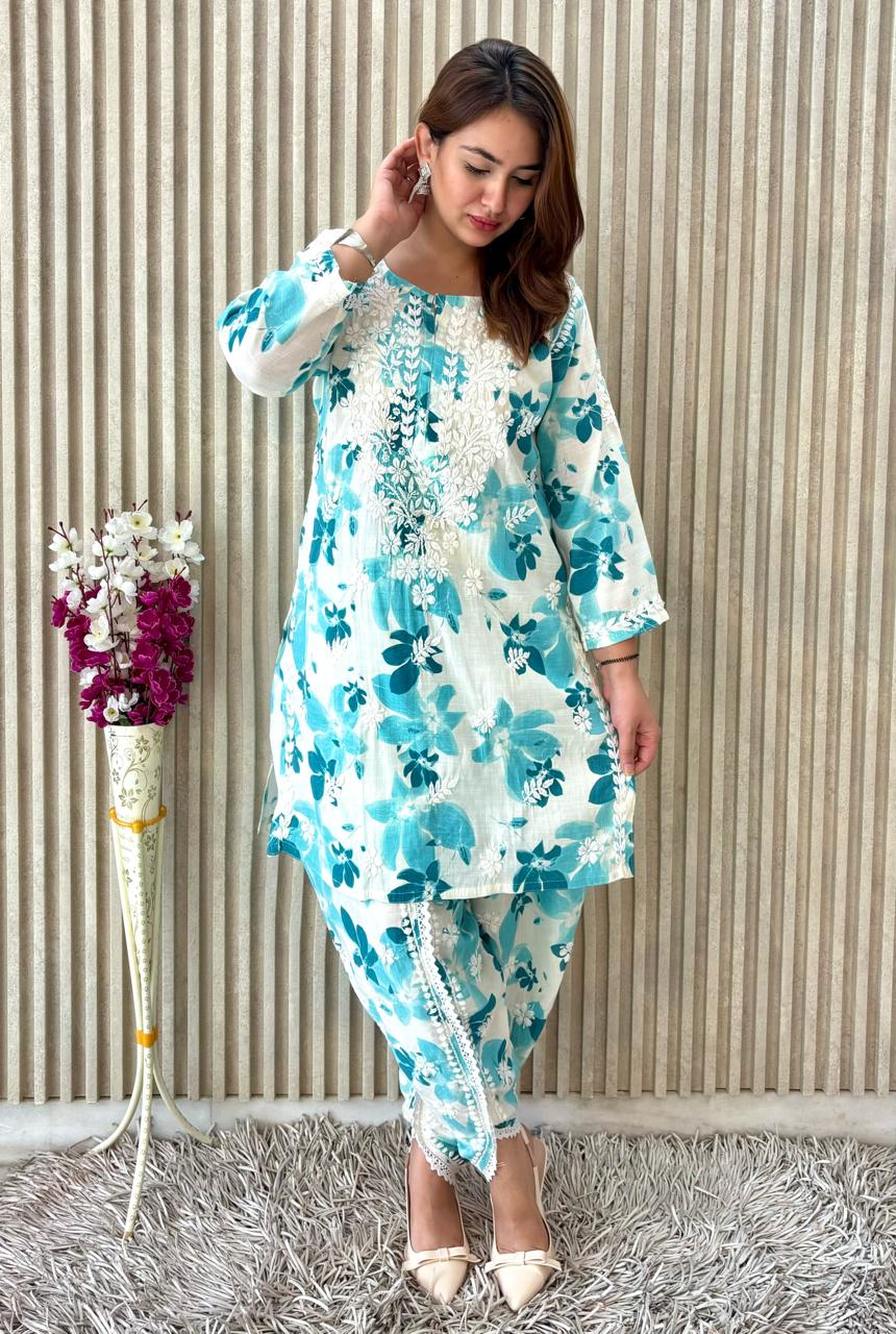Awadhkari Lucknowi chikankari handwork White & Sky Blue Print Cotton Short Kurti Dhoti Set - Awadhkari