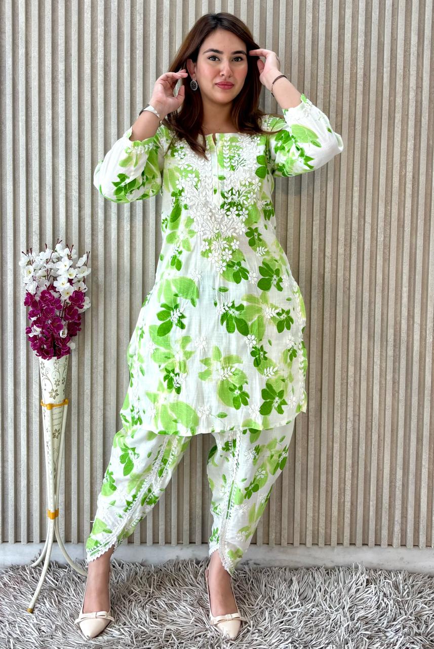 Awadhkari Lucknowi chikankari handwork White & Green Print Cotton Short Kurti Dhoti Set - Awadhkari