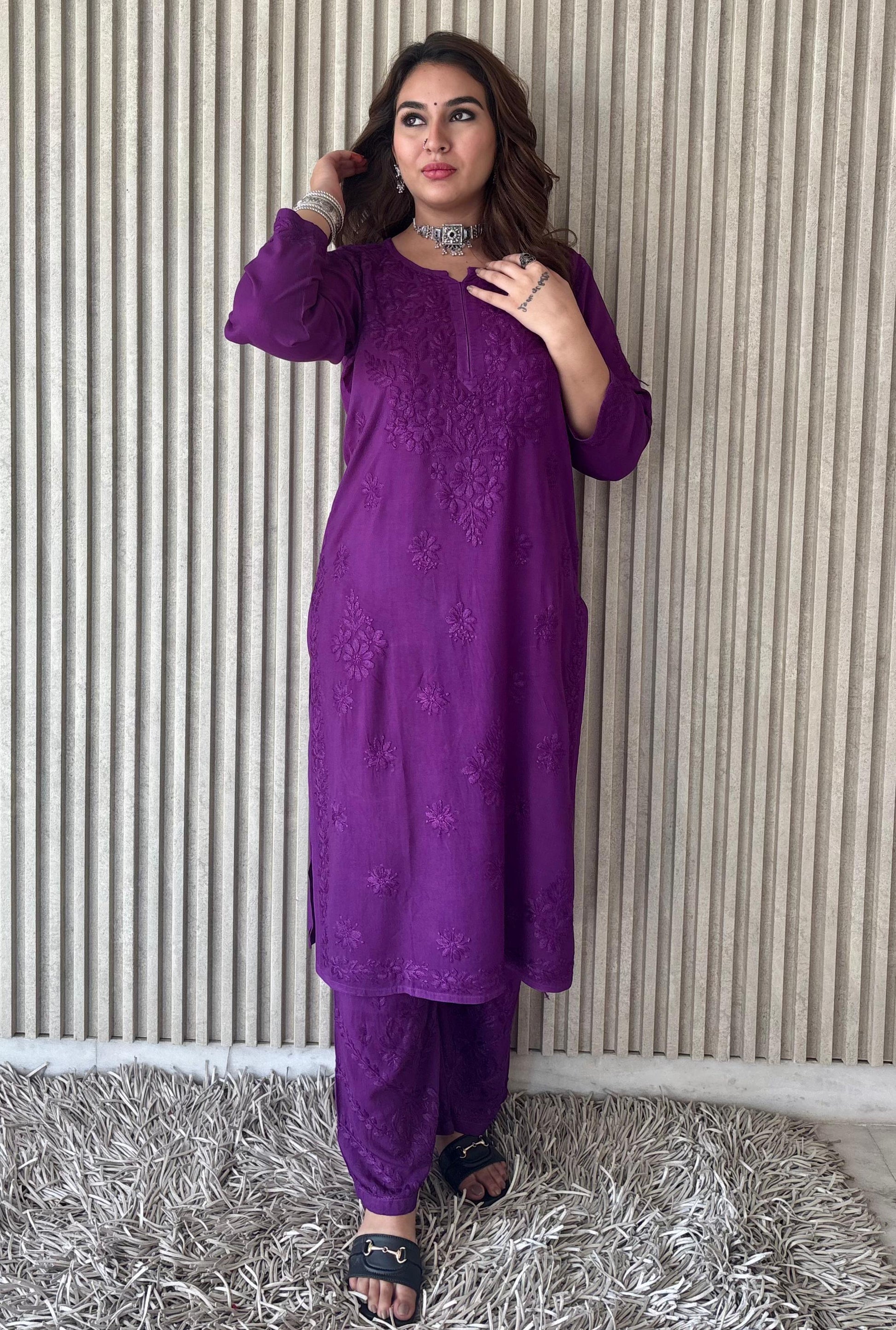 Brinjal Purple Lucknowi Chikankari Beautiful Designer Dyeble Chanderi silk Plazo Set - Awadhkari