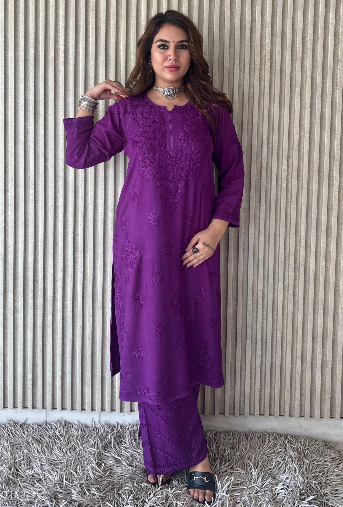 Brinjal Purple Lucknowi Chikankari Beautiful Designer Dyeble Chanderi silk Plazo Set - Awadhkari