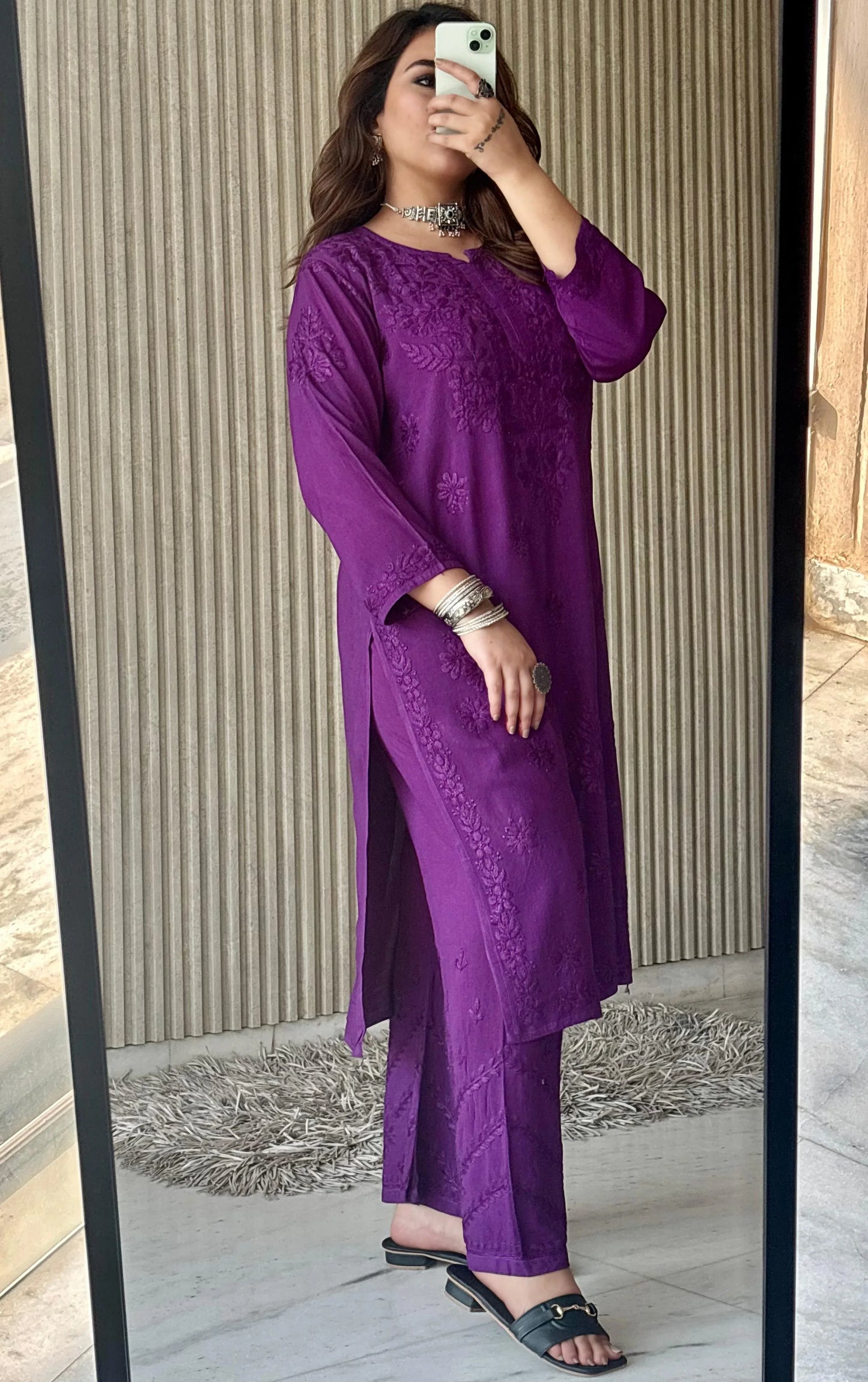 Brinjal Purple Lucknowi Chikankari Beautiful Designer Dyeble Chanderi silk Plazo Set - Awadhkari