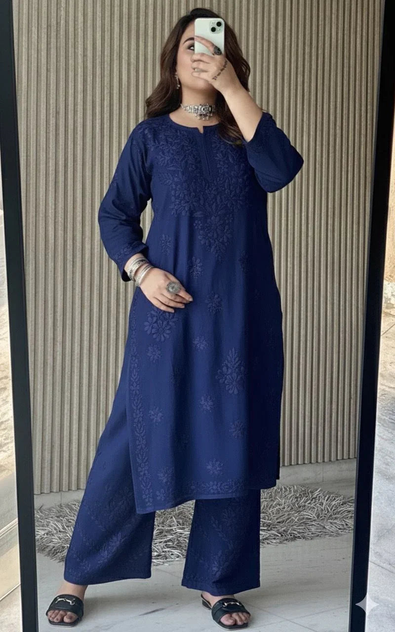 Nevy Blue Lucknowi Chikankari Beautiful Designer Dyeble Chanderi silk Plazo Set - Awadhkari