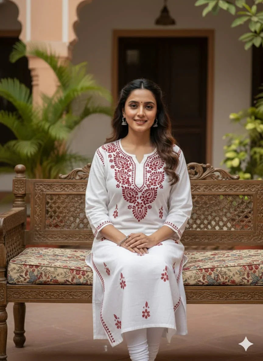 White & Brown Chikankari Mal Cotton Long Kurti - Awadhkari