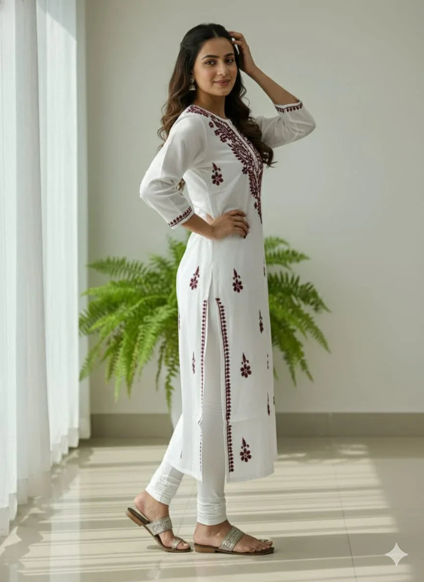 White & Wine Chikankari Mal Cotton Long Kurti - Awadhkari